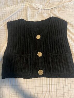 Classic Black Chunky Knit Button Vest - Women's Sweater